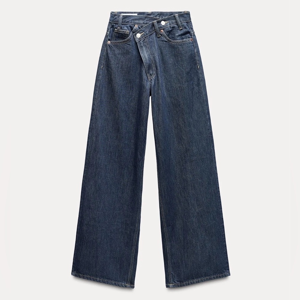 Zara TRF High-Rise Wide Leg Crossover Waistband Jeans - Indigo Dark Wash